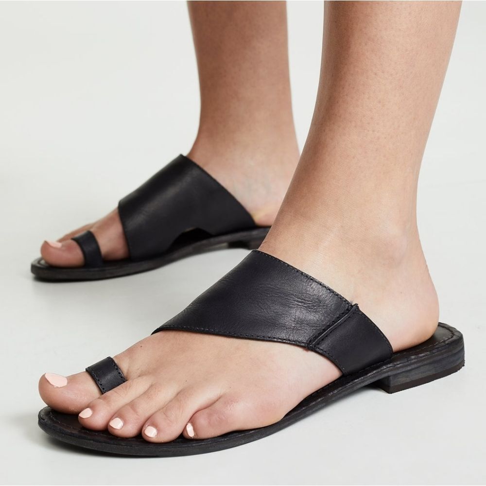 Free People Black Leather Toe Loop Slide Sandals